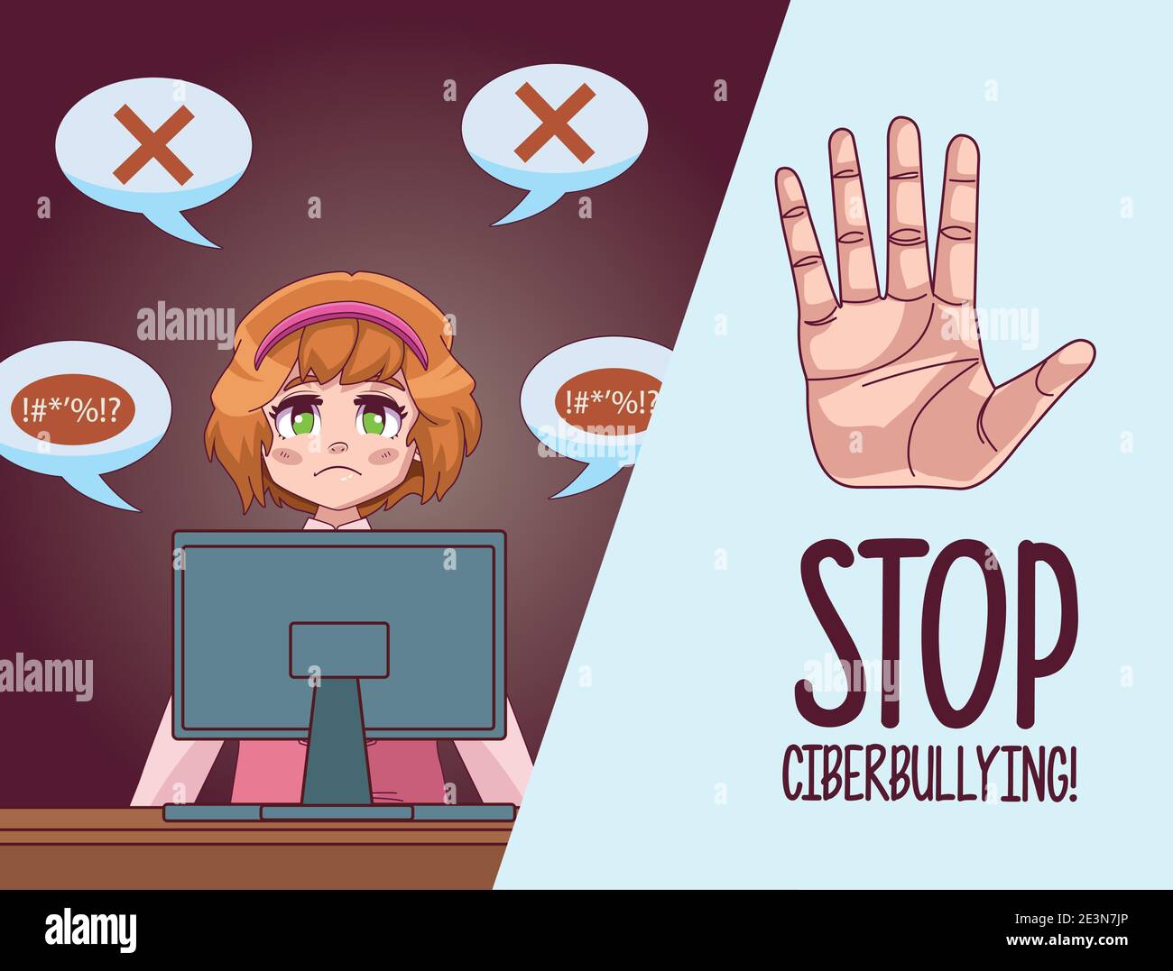 Young Teenager Girl Using Desktop With Stop Bullying Lettering Vector