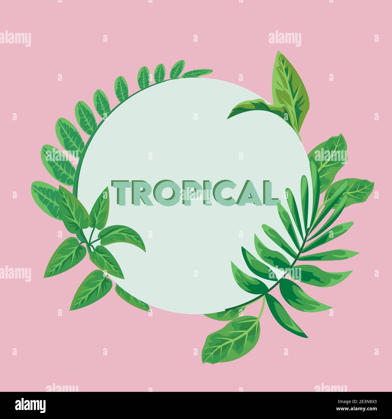 tropical lettering poster with green leafs in circular frame vector ...