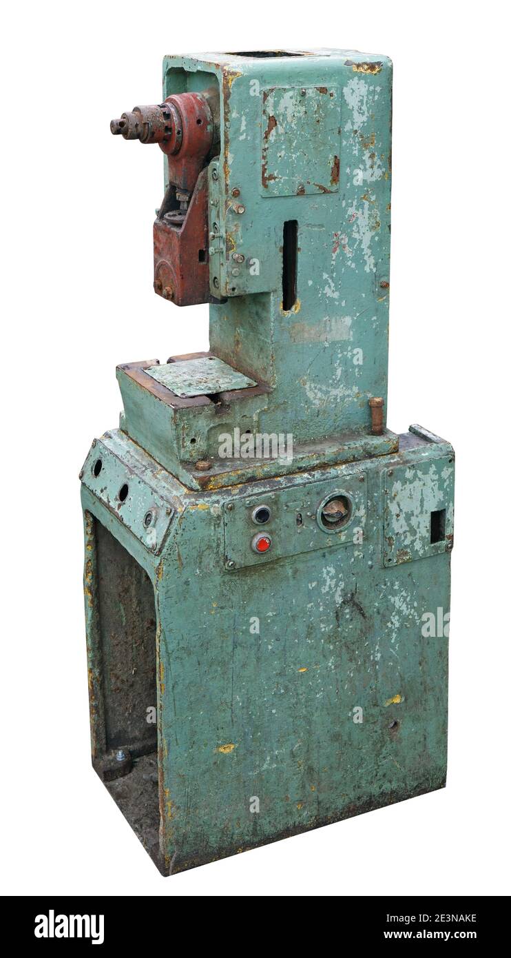 Old rusty industrial metal working machine. Isolated on white Stock