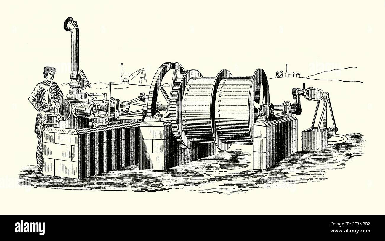 An old engraving of a worker at an English winding engine. It is from a Victorian mechanical engineering book of the 1880s. This type of small Cornish steam-engine was connected to equipment that used a double drum and wire ropes to haul up coal or ore from the mine – one drum could raise while the other lower. Another shaft on the engine (right) could be used to pump out water from underground. Stock Photo