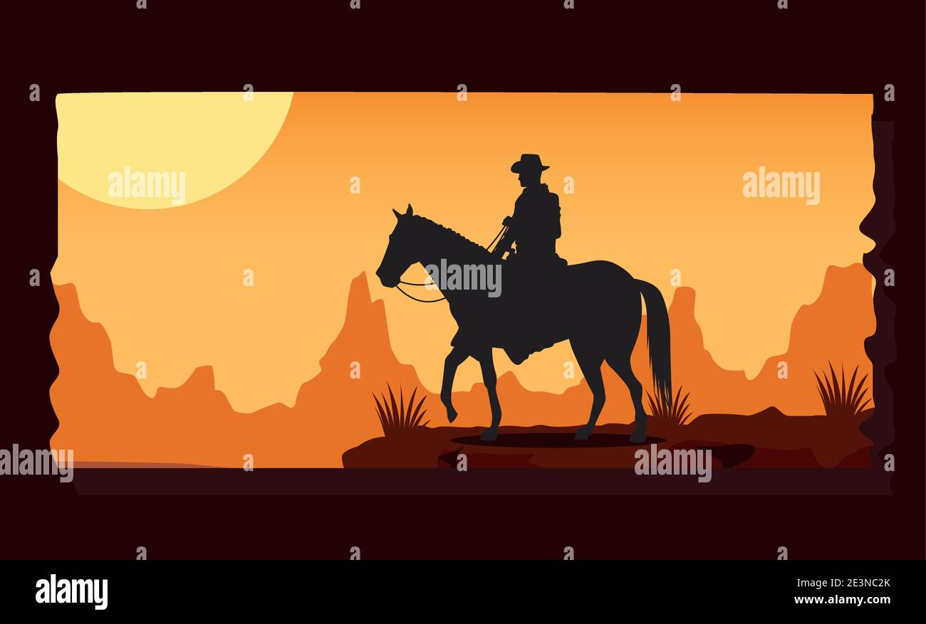 wild west sunset scene with cowboy in horse vector illustration design ...