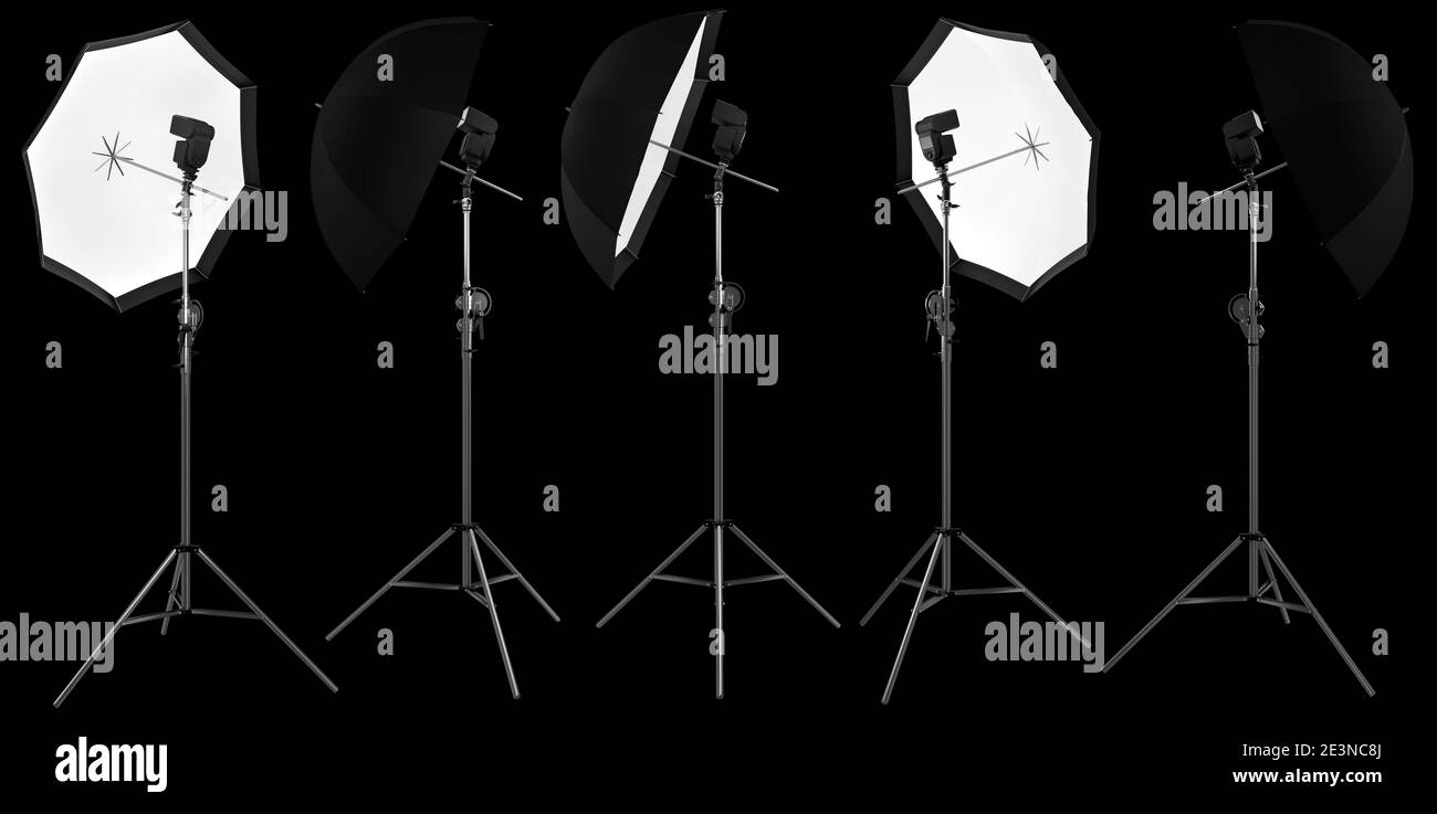 Photography studio lighting stand with speedlight and umbrella isolated