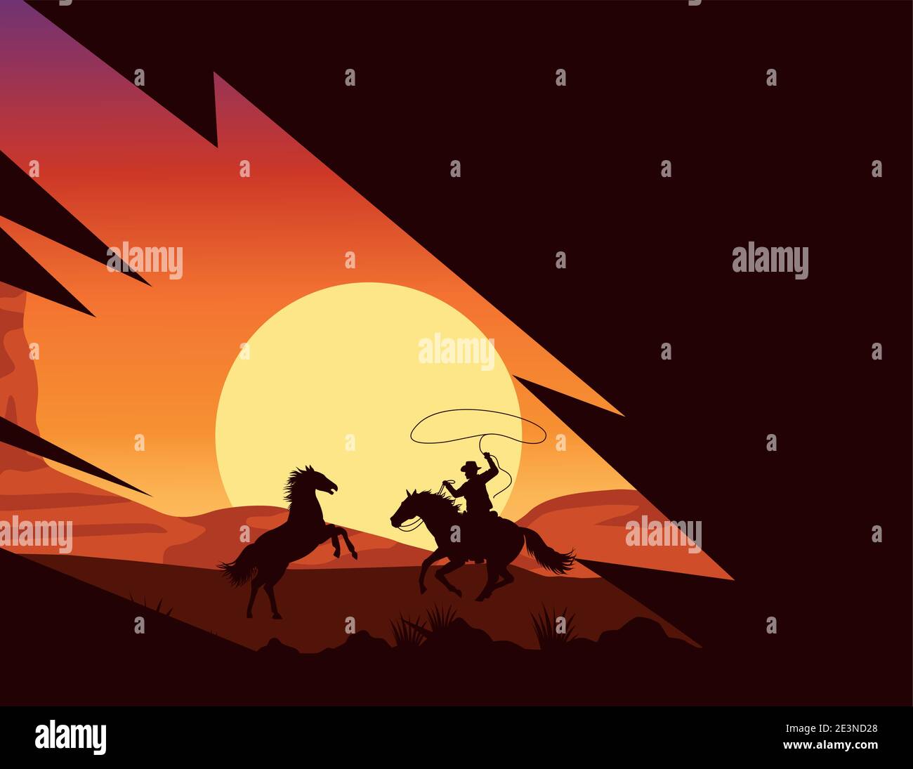 wild west sunset scene with cowboy and horses vector illustration ...