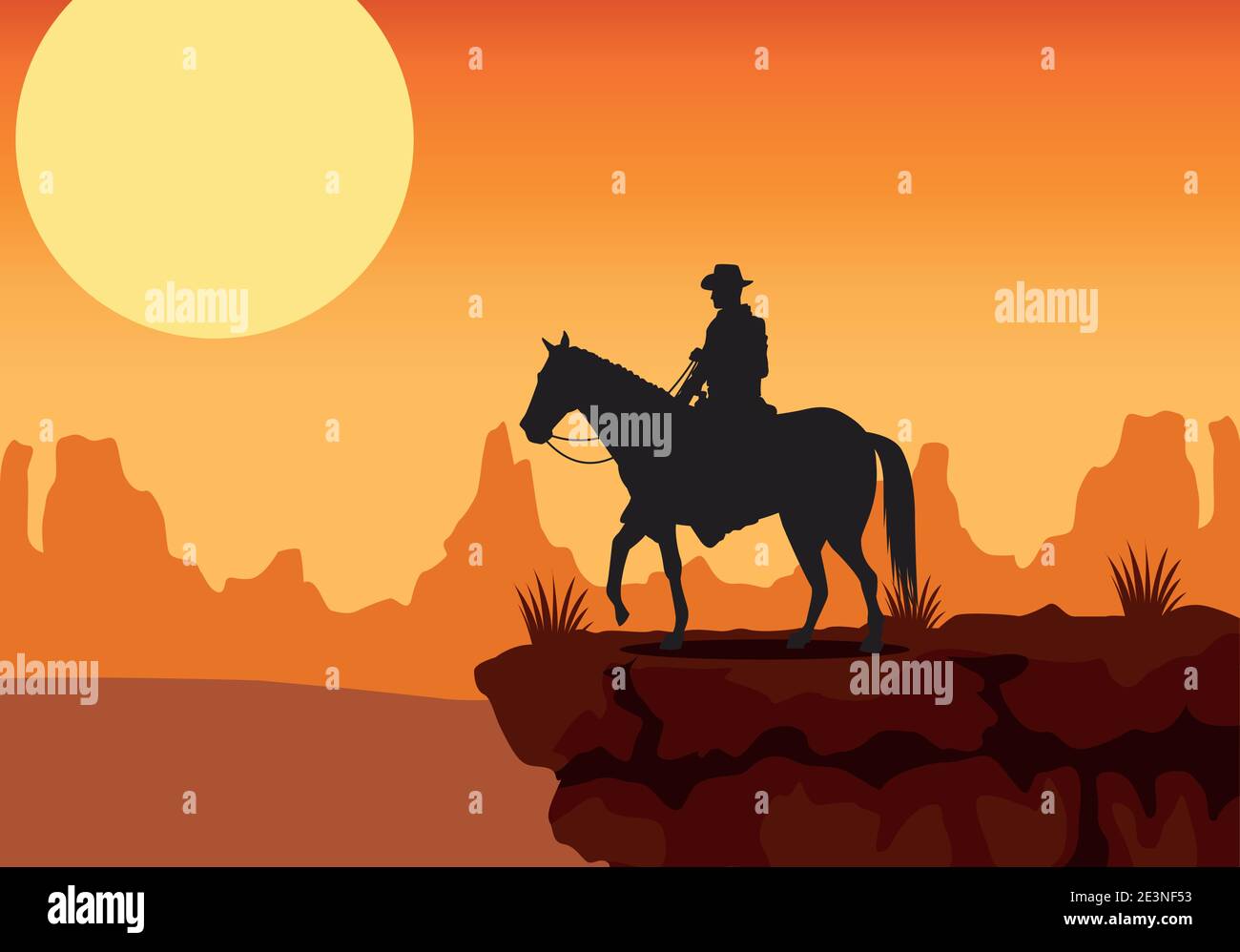 wild west sunset scene with horse and cowboy in the desert vector ...