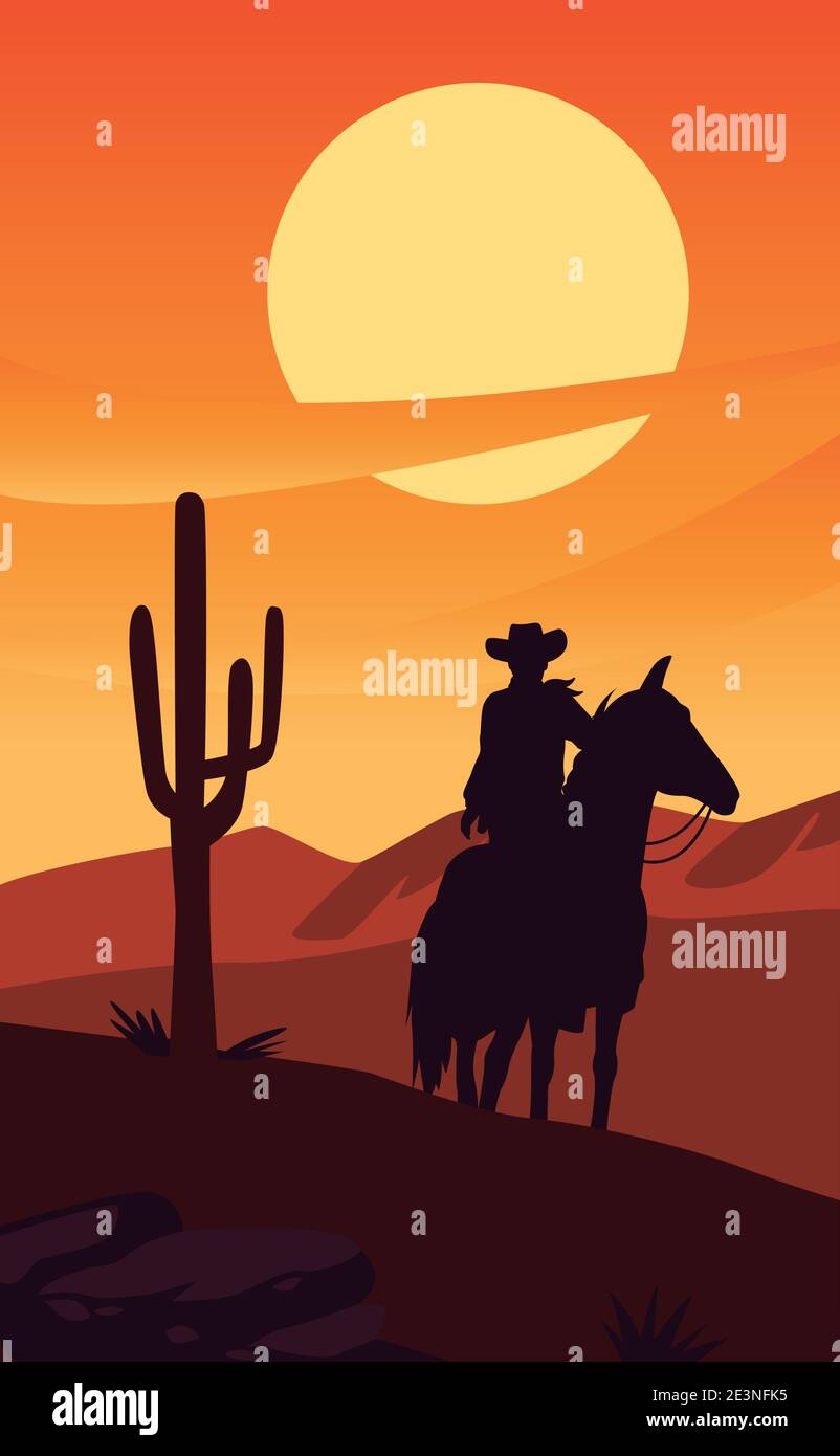 wild west sunset scene with cowboy in horse and cactus vector ...