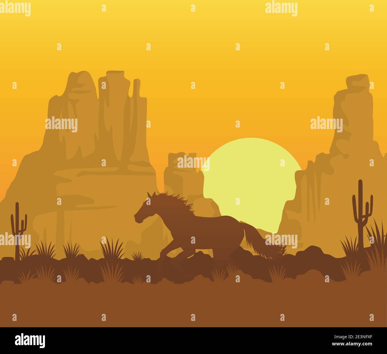 wild west sunset scene with horse running in desert vector illustration ...