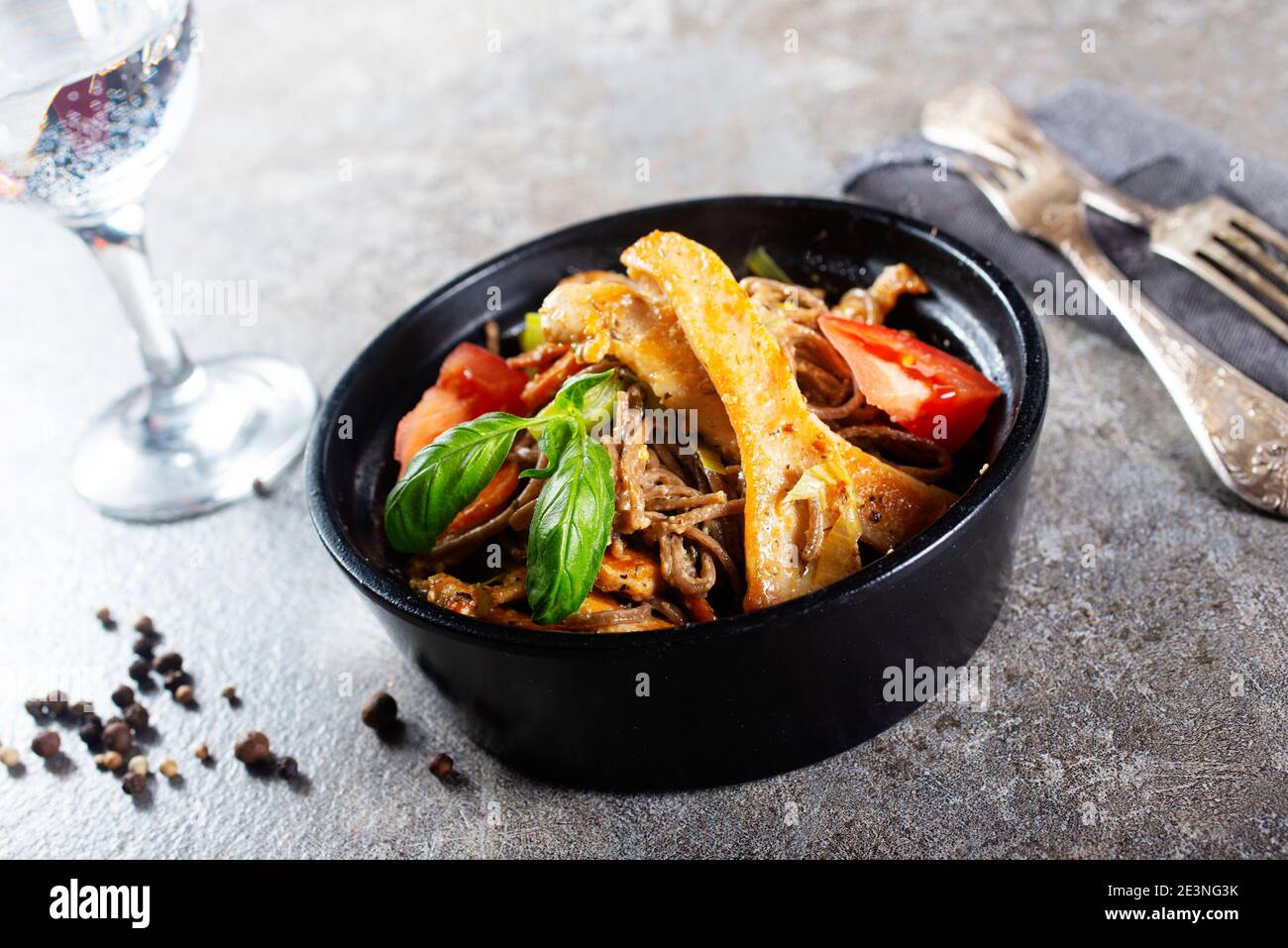 Japanese dish buckwheat soba noodles with chicken and vegetables Stock
