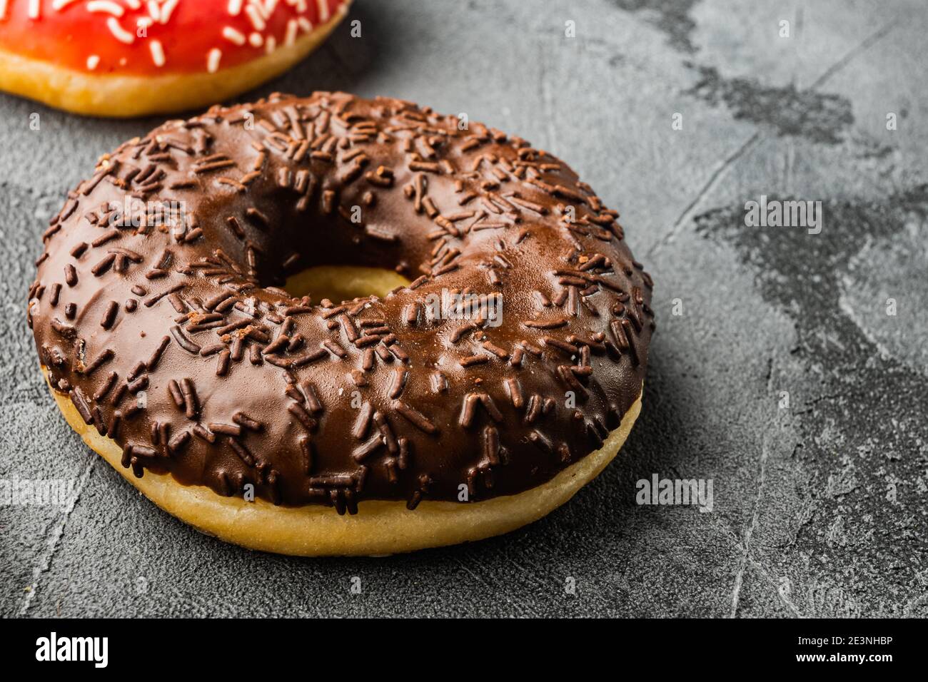Chocolate donuts set, on gray background Stock Photo