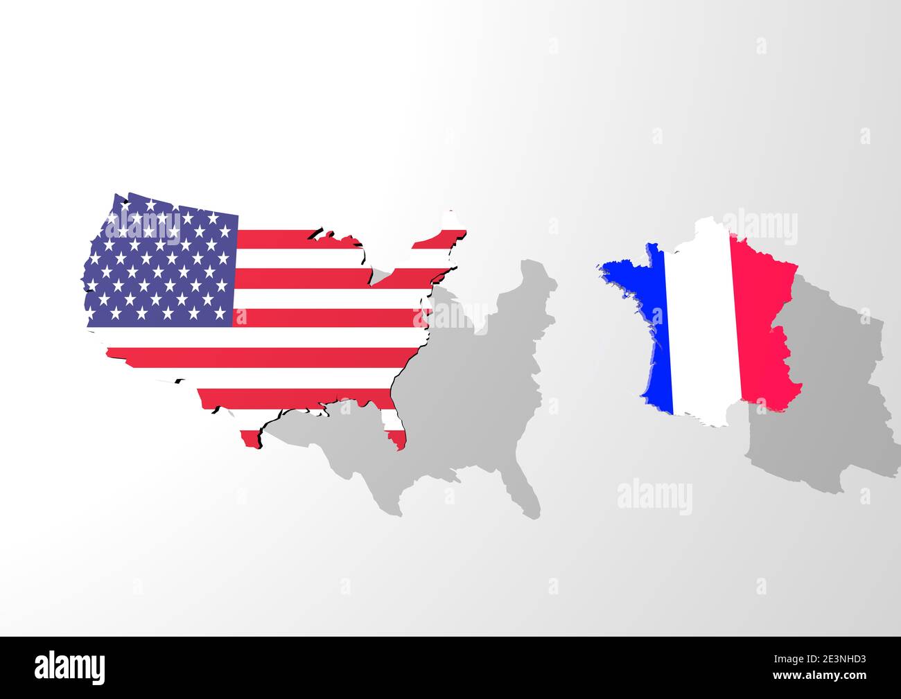 A 3d rendering of an map of USA and France in front of an grey background with shadows Stock