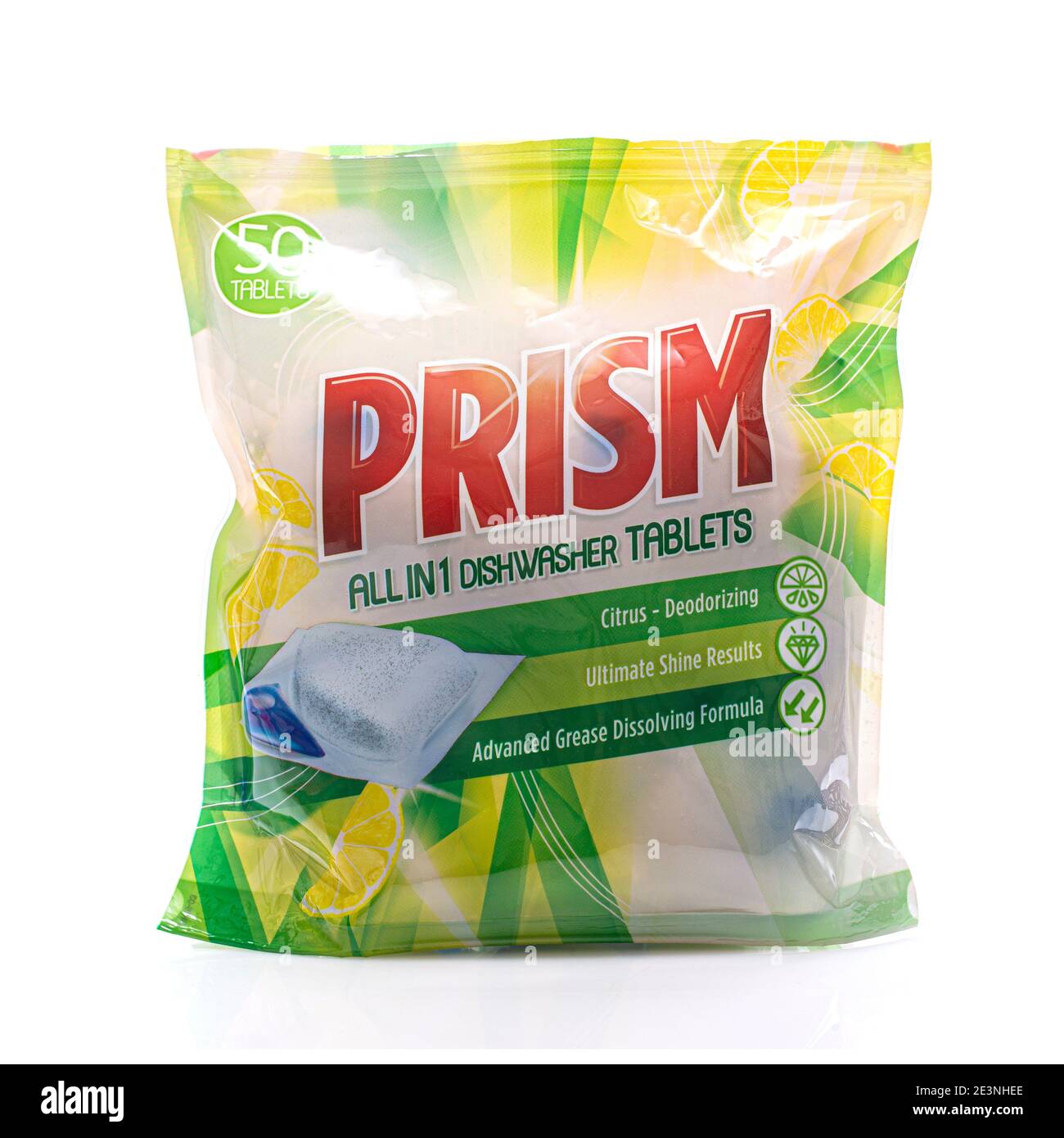 SWINDON, UK - JANUARY 20, 2021:  Packet of Prism all in one dishwasher tablets on a white background Stock Photo