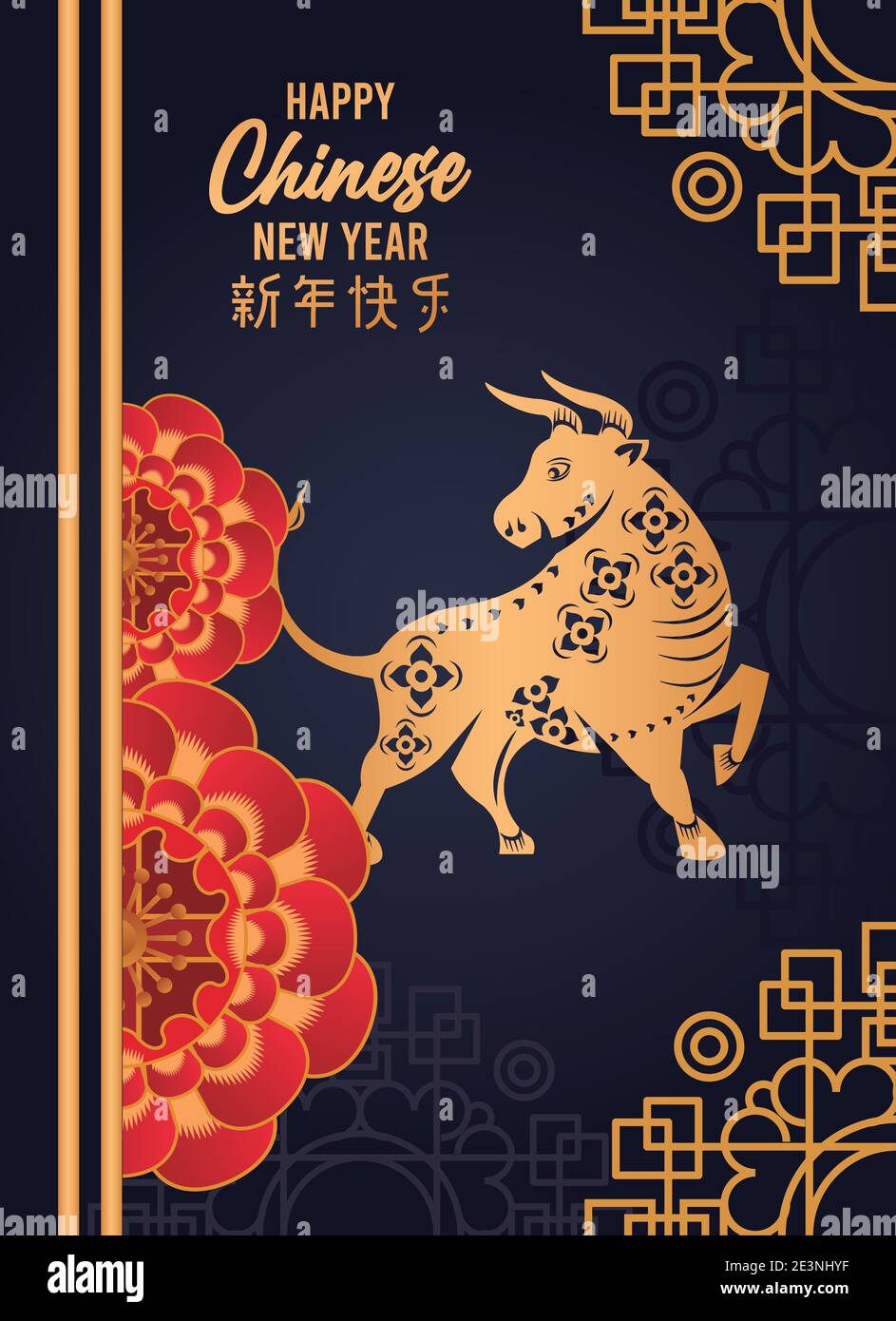 happy chinese new year lettering card with flowers and golden ox in ...