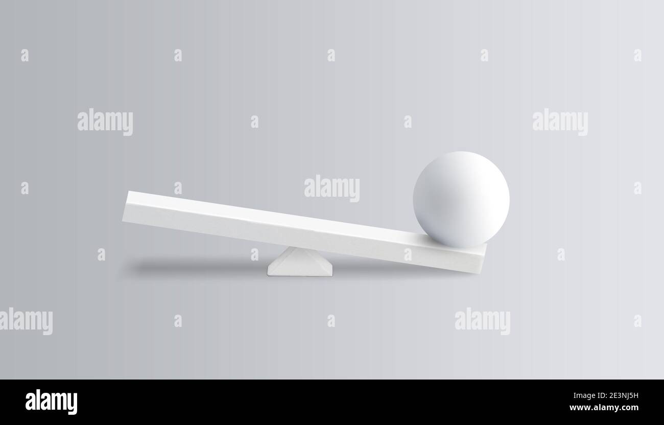 White 3D sphere ball on board balance seesaw Isolated on white