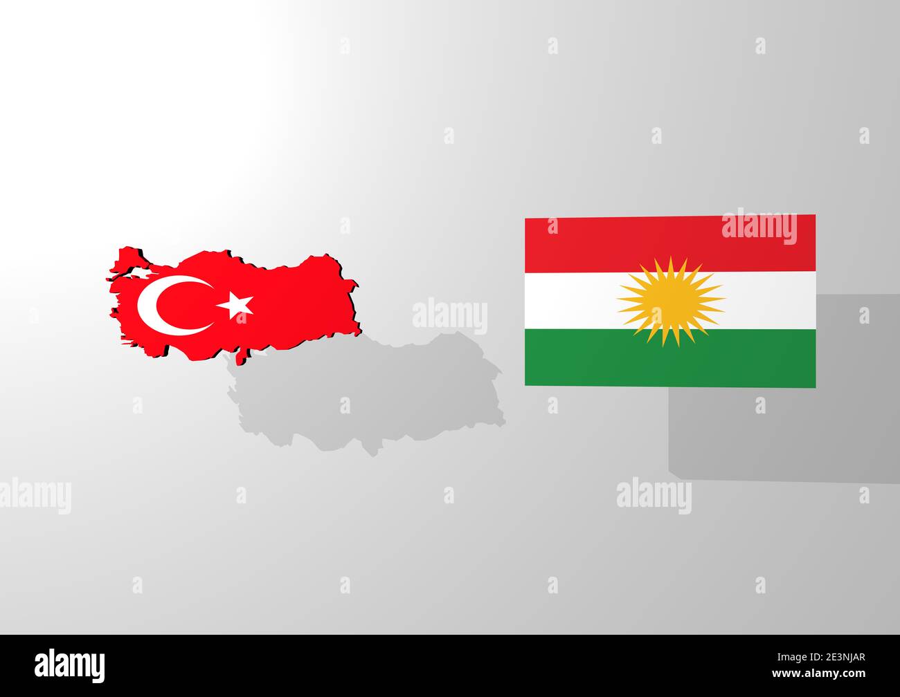 A 3d rendering of an map of turkey and a flag of kurdistan, on an white background with a light grey shadow Stock Photo