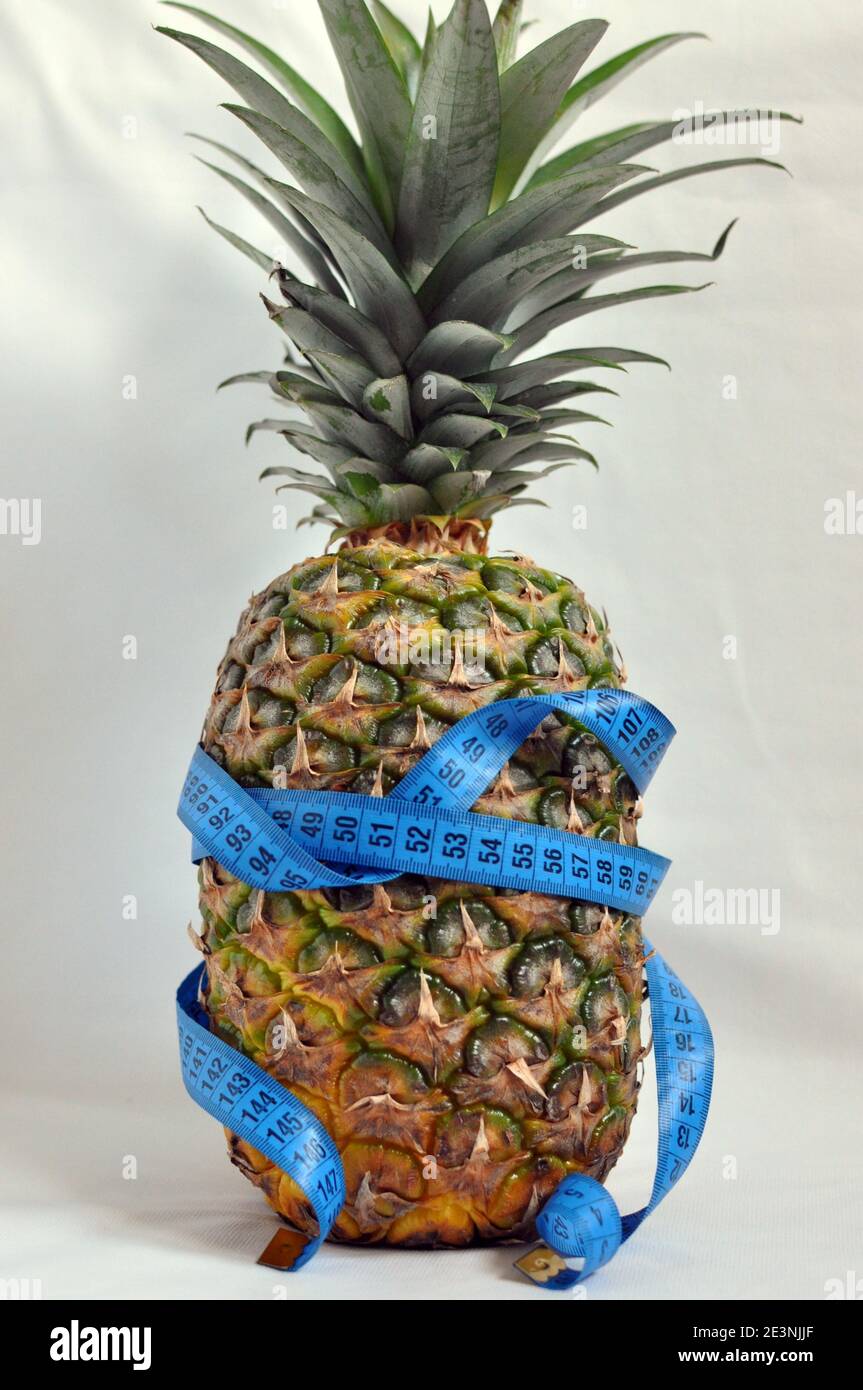 Pineapple wrapped with blue tailoring meter on white background, front view Stock Photo