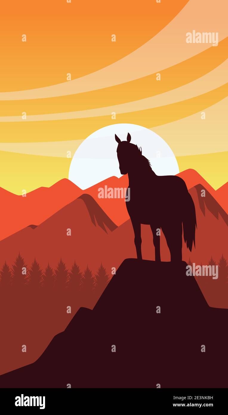 wild west sunset scene with horse in the mountain top vector ...