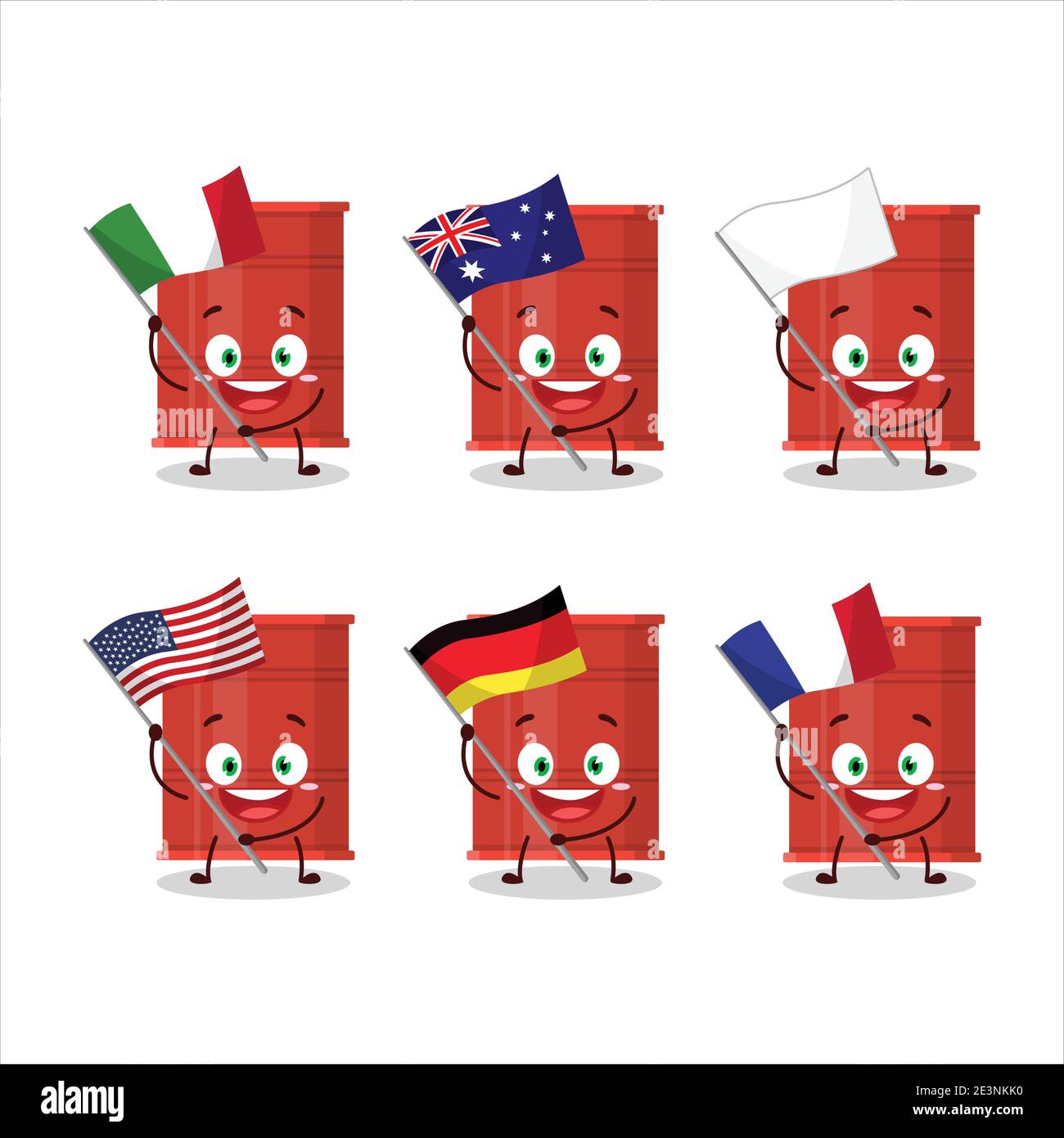 Red barrel cartoon character bring the flags of various countries