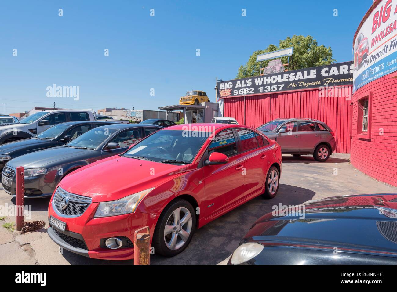 A small, independent used car dealership, Big Al's, on Parramatta Road (Great Western Highway) in western Sydney, Australia Stock Photo