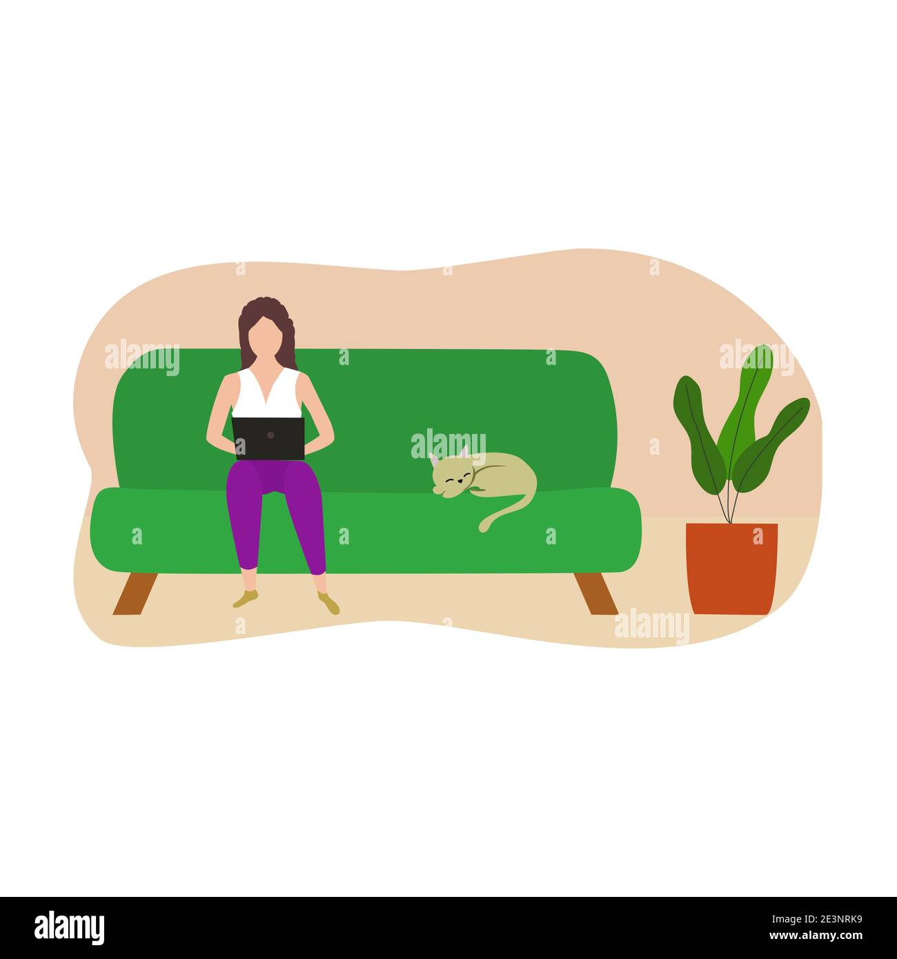Freelancer woman working remotely with computer laptop at home. Vector ...