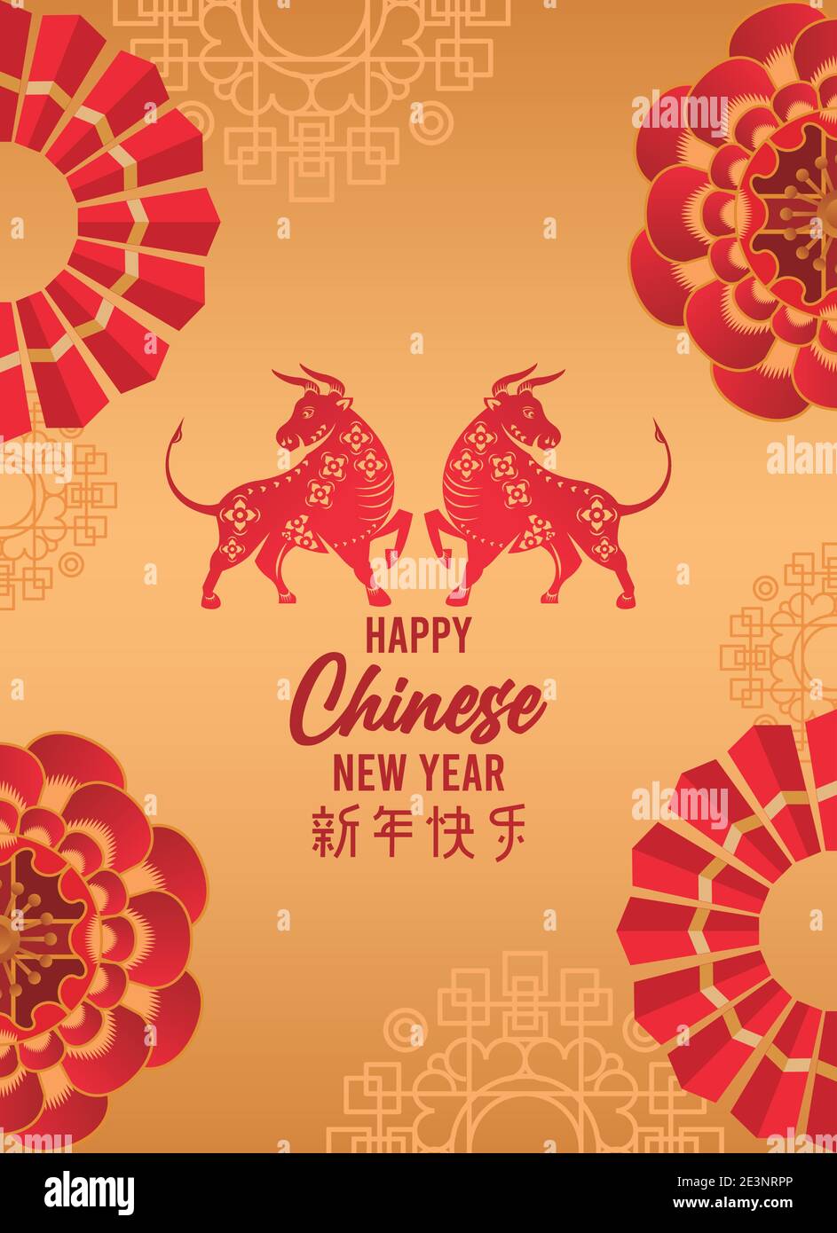 happy chinese new year lettering card with red flowers and oxen in