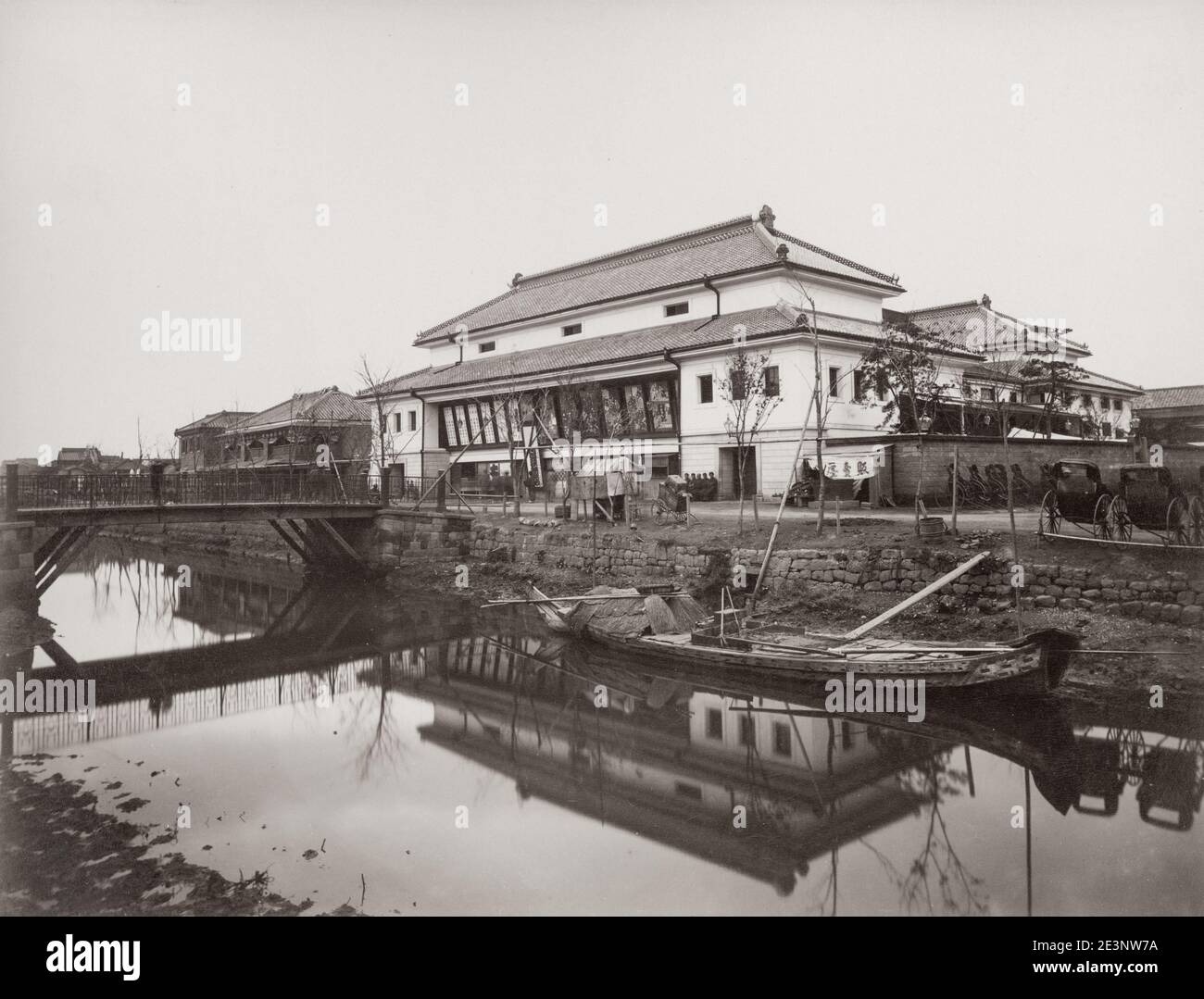 Vintage 19th century photograph: bridge and theatre, Tokyo, Japan. Stock Photo