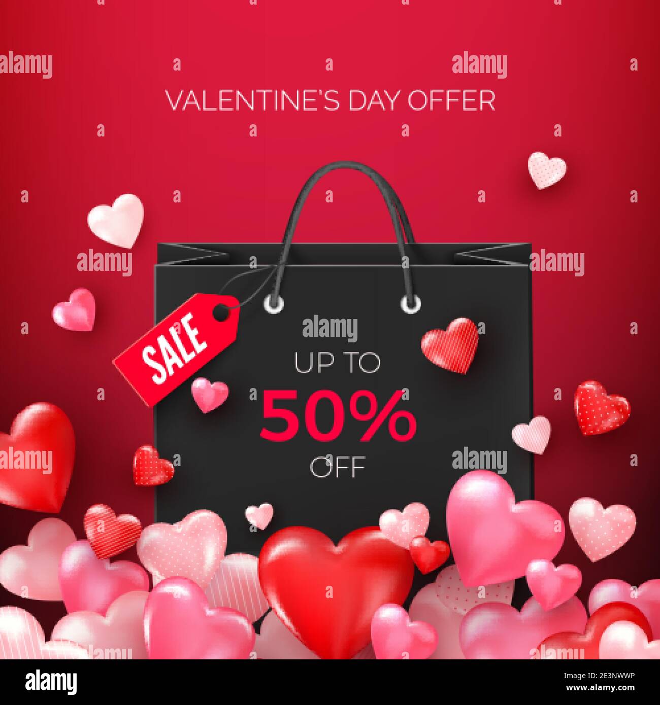 Black shopping bags with discount offer with flying hearts. Sale Valentine's day promotion for store. Vector illustration Stock Vector