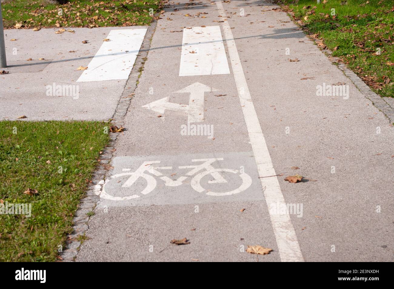 Bicycle road sign and arrow, path for bike in the city. Stock Photo
