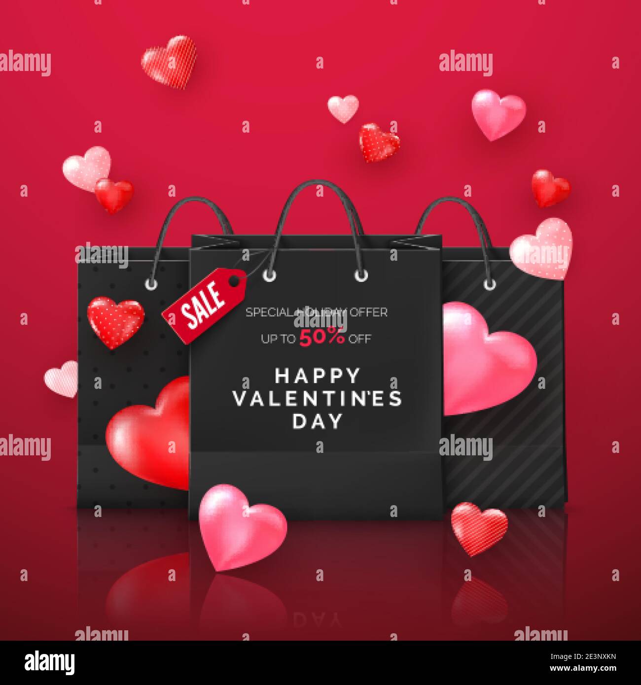 Black shopping bags with discount offer with flying hearts. Valentine's day promotion for store. Vector Stock Vector