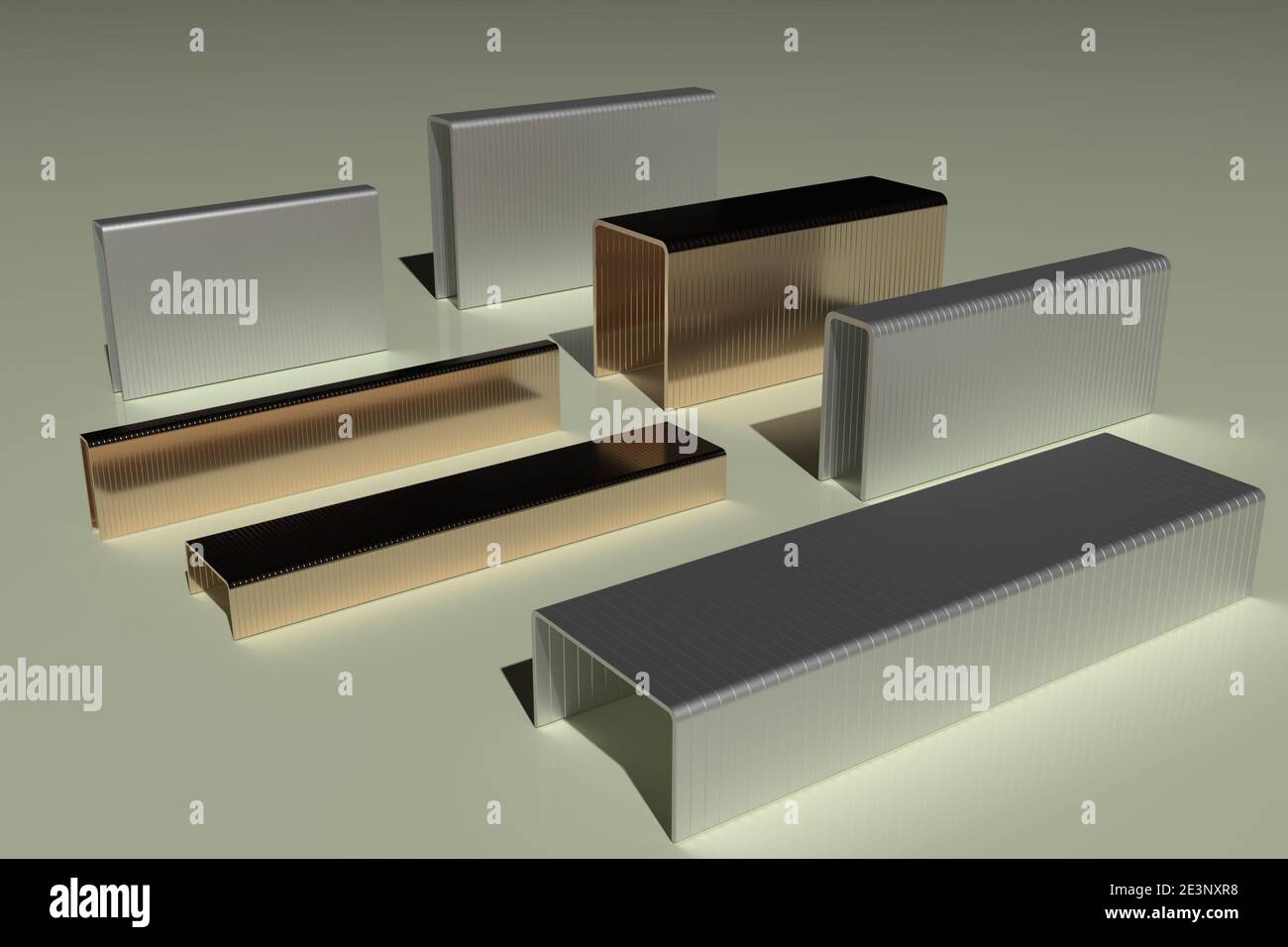 A 3d rendering of staples, made of steel, copper coated and galvanized