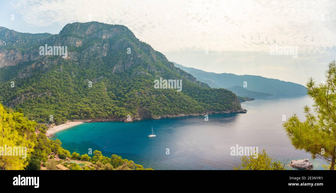 Coastline at Mediterranean sea near Fethiye Kabak Turkey. Warm sea, resort, relaxation, healthy lifestyle, hiking tour. Stock Photo