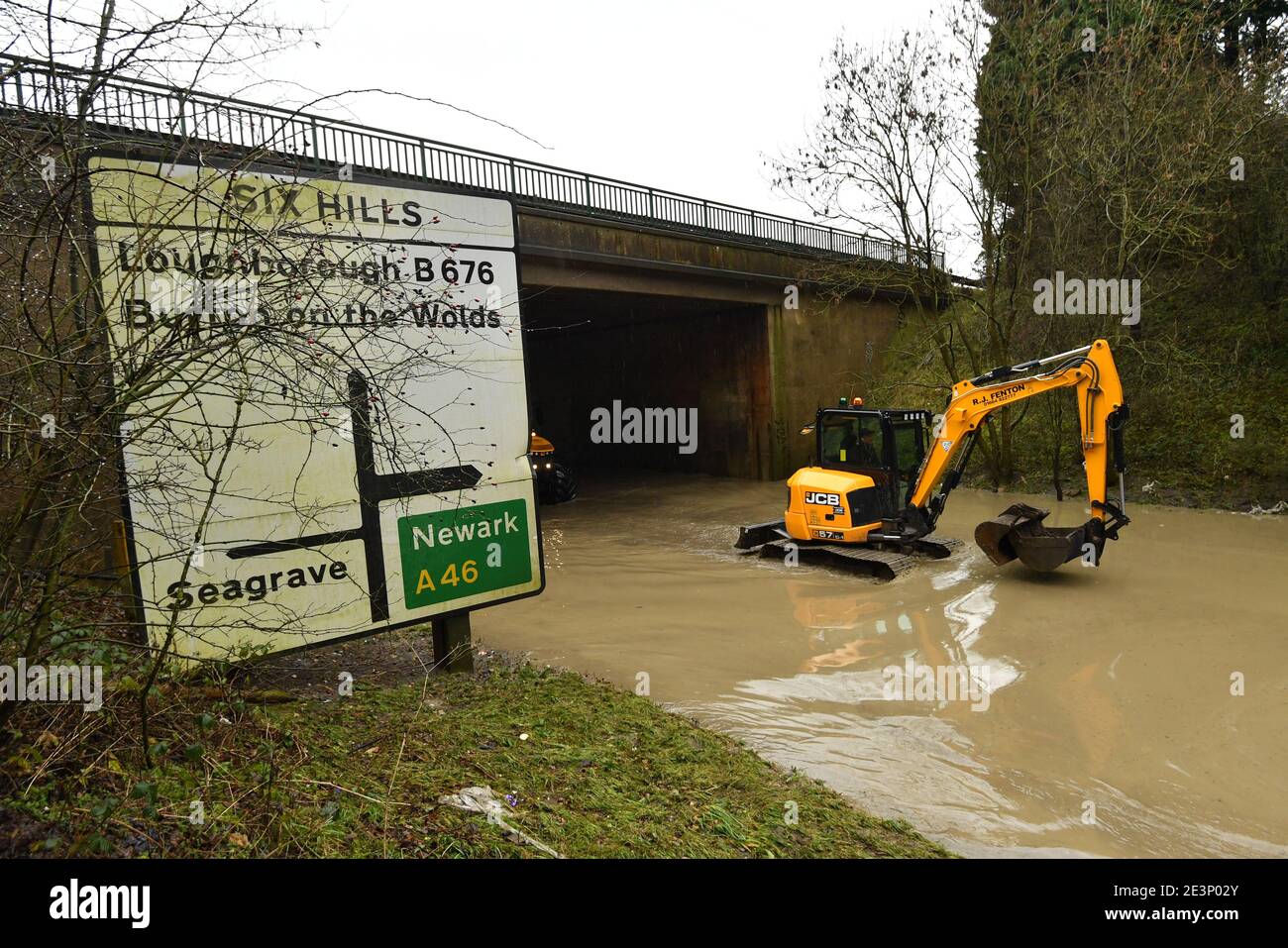 Flooding underneath the A46 at Six Hills Lane in Leicestershire, as Storm Christoph is set to bring widespread flooding, gales and snow to parts of the UK. Heavy rain is expected to hit the UK, with the Met Office warning homes and businesses are likely to be flooded, causing damage to some buildings. Picture date: Wednesday January 20, 2021. Stock Photo