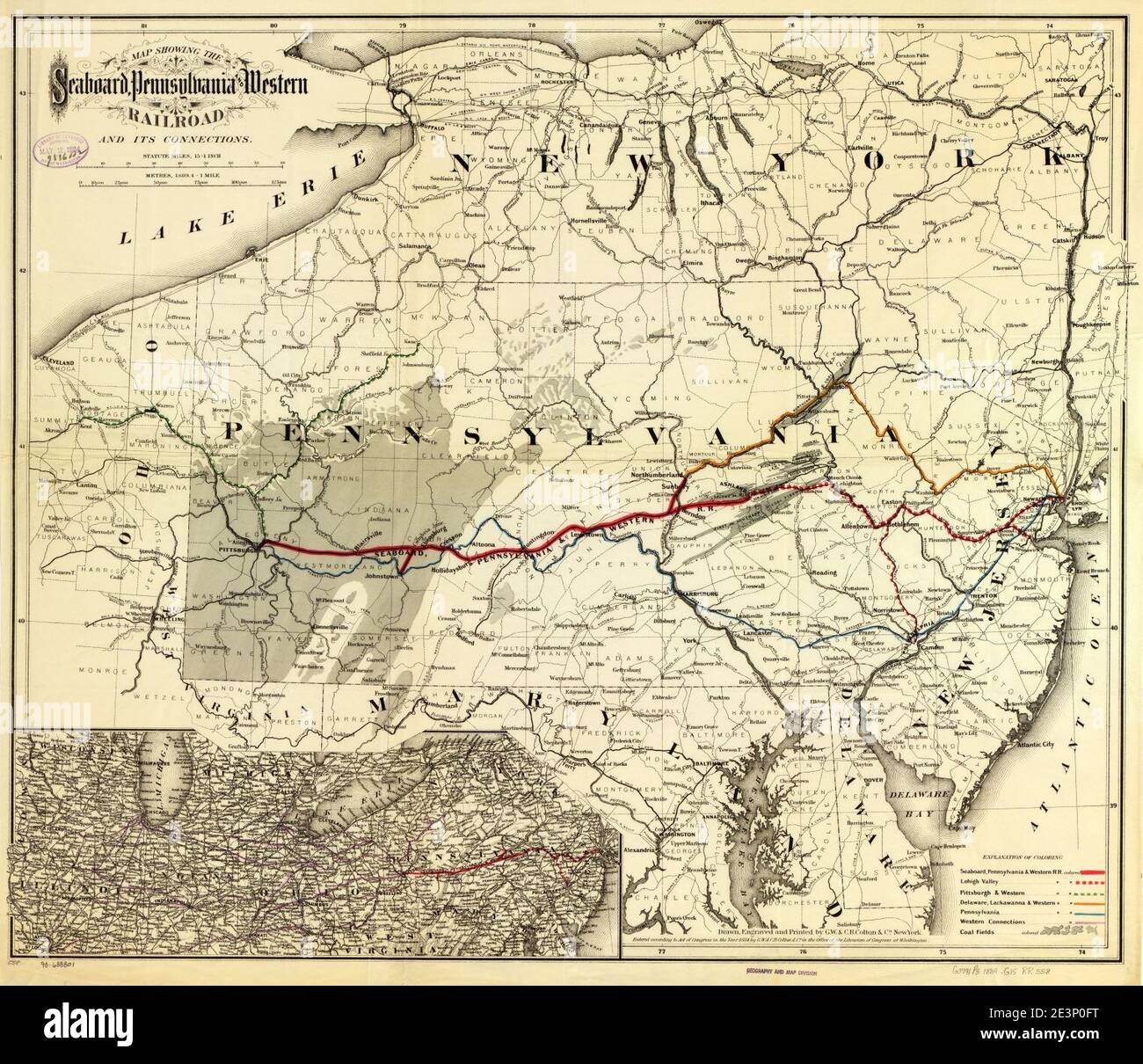Map showing the Seaboard, Pennsylvania and Western Railroad and its connections. Stock Photo