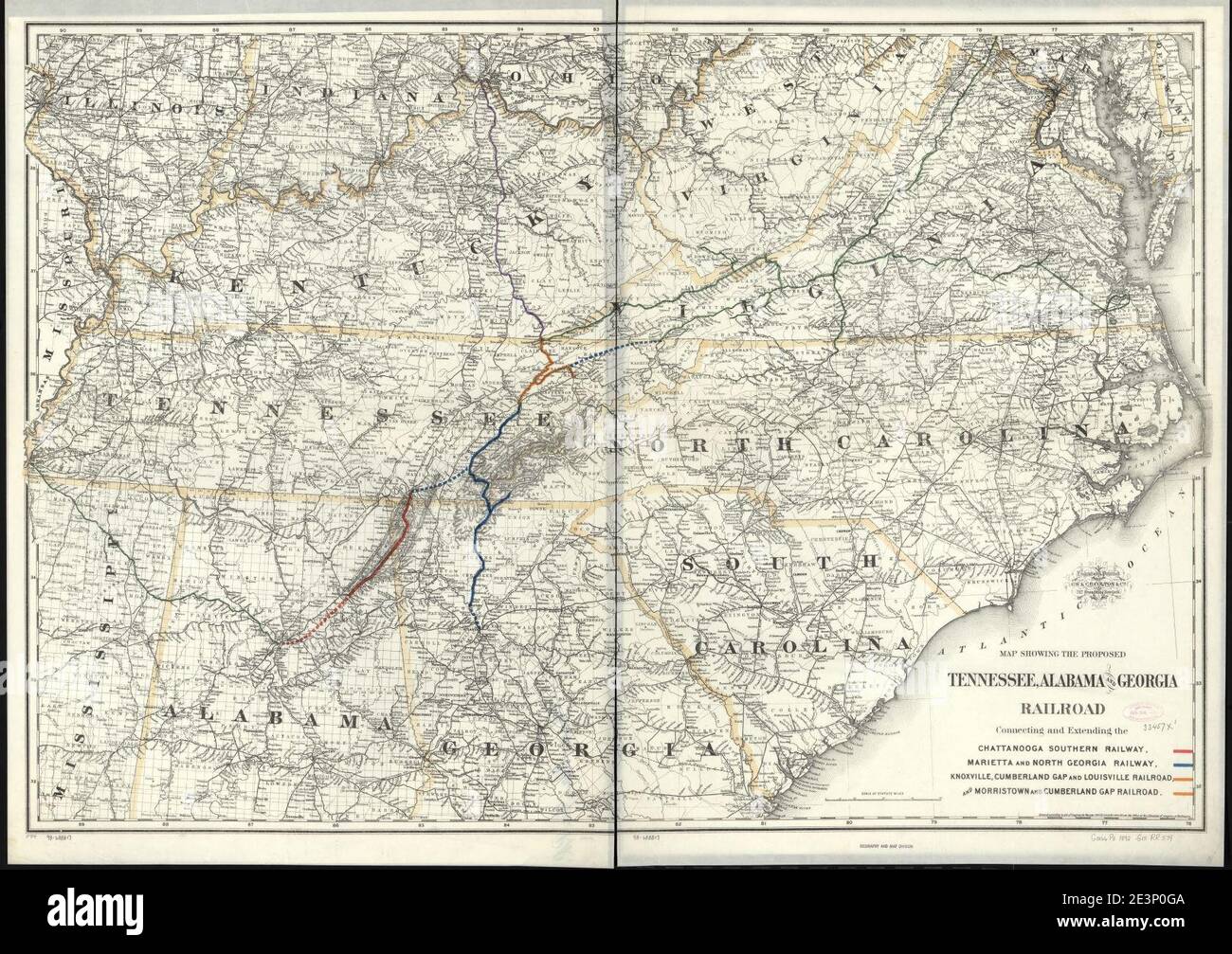 Map showing the proposed Tennessee, Alabama, and Georgia Railroad connecting and extending the Chattanooga Southern Railway, Marietta and North Georgia Railway, Knoxville, Cumberland Gap and Stock Photo