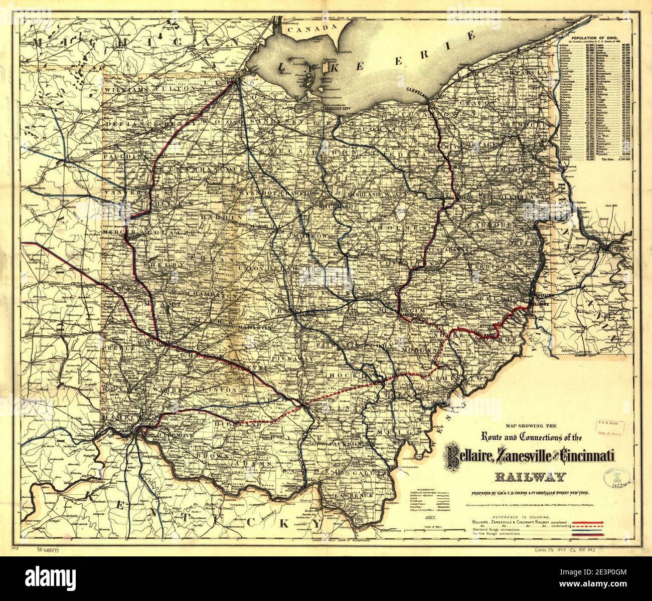 Map showing the route and connections of the Bellaire, Zanesville and Cincinnati Railway Stock