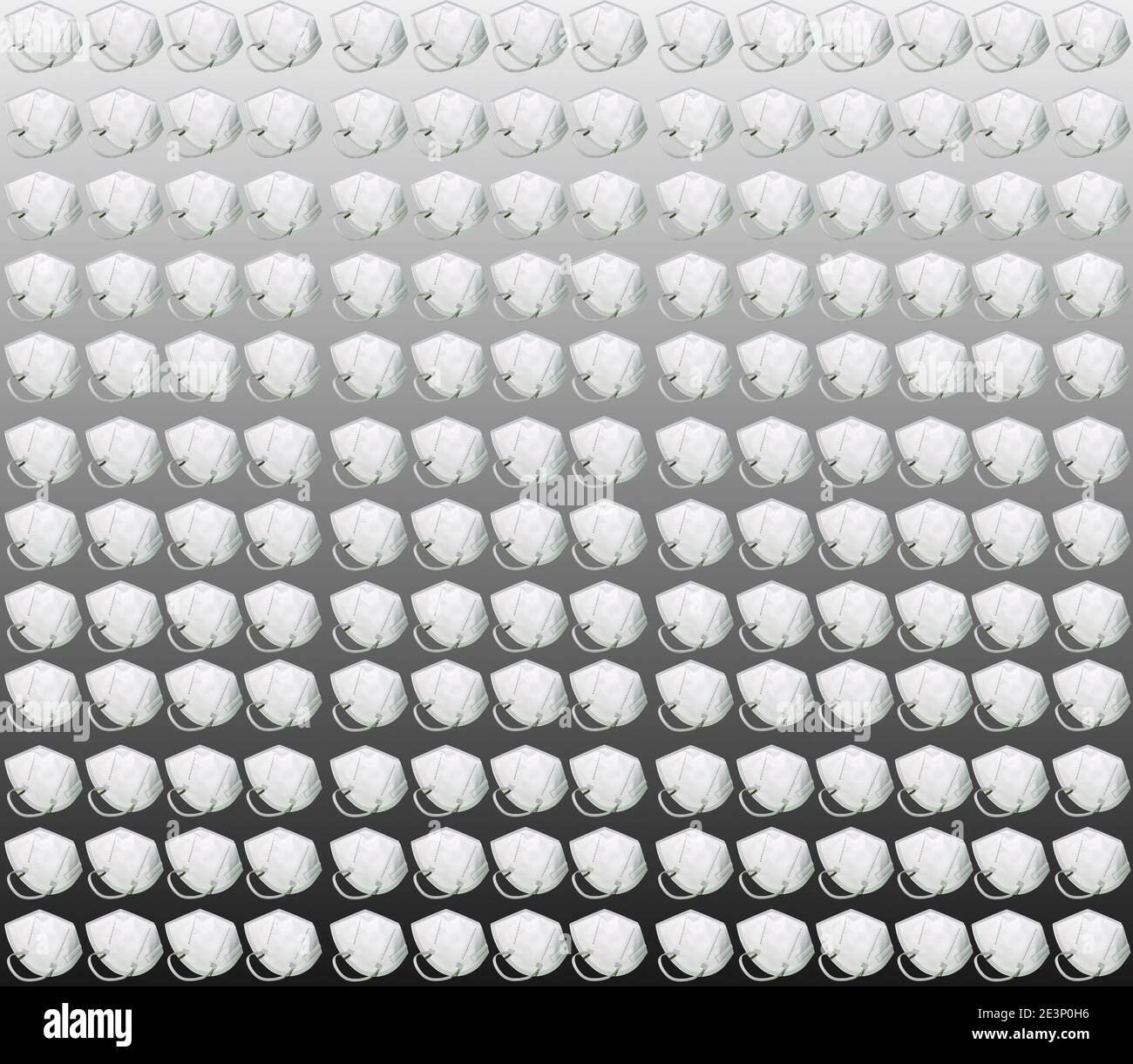 Pattern of very many safe FFP2 masks for protection against infection against a background running from black to white. Stock Photo