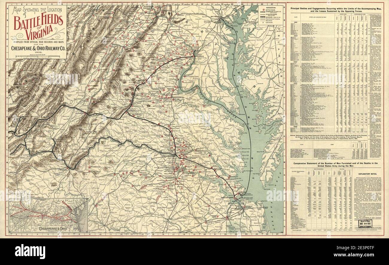 Map showing the location of battle fields of Virginia - compiled from official war records and maps for the Chesapeake & Ohio Railway Co. Stock Photo
