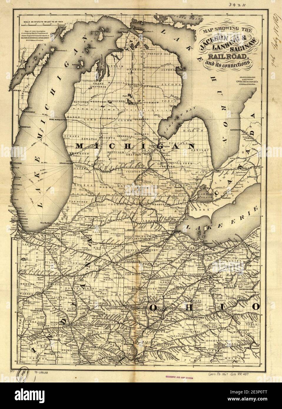 Map showing the Jackson, Lansing & Saginaw Railroad and its connections Stock Photo Alamy
