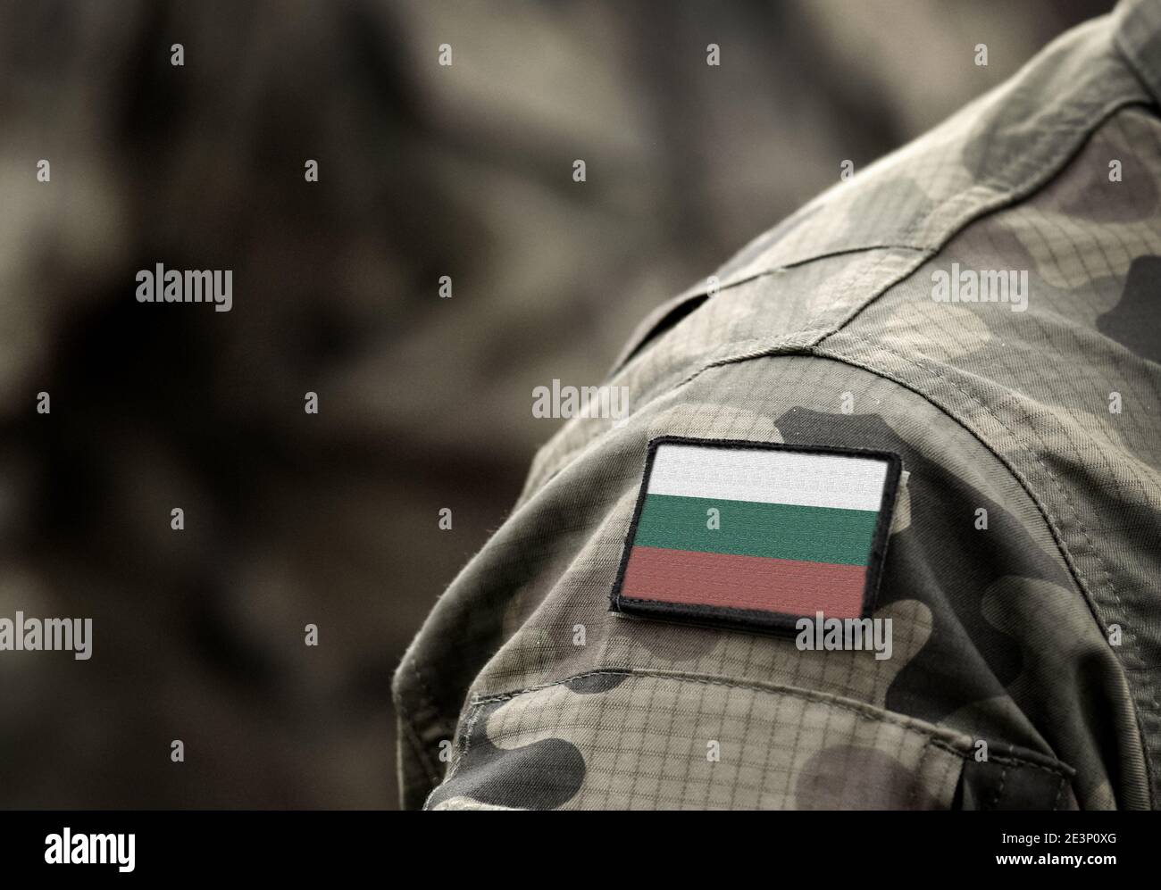 Flag of Bulgaria on military uniform. Army, armed forces, soldiers. Collage. Stock Photo