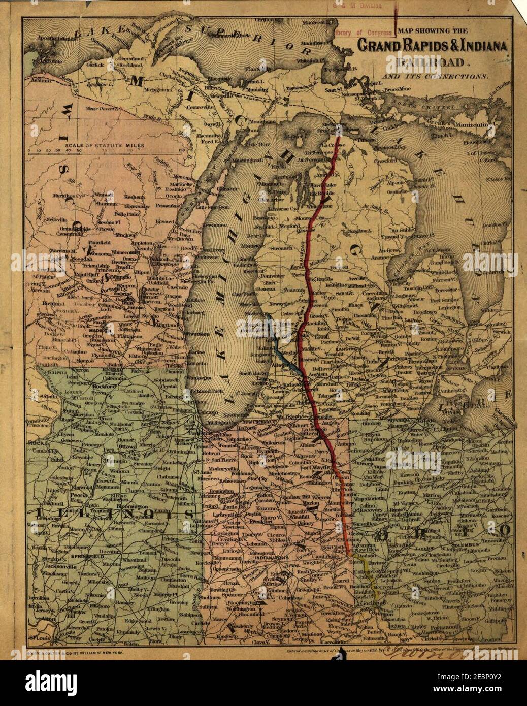 Map showing the Grand Rapids & Indiana Railroad, and its connections. Stock Photo