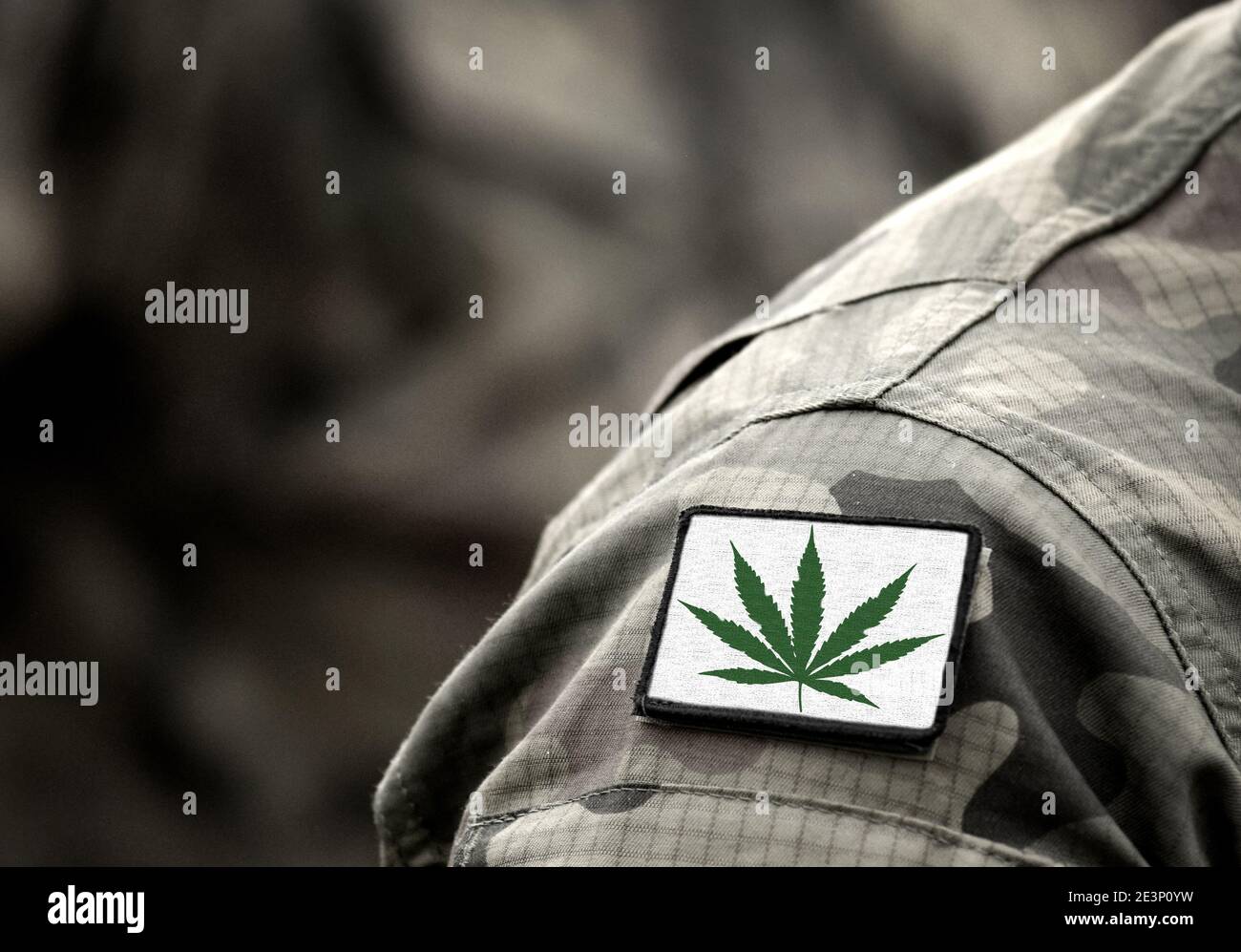 Cannabis leaf on military uniform. Flag with marijuana leaf. Cannabis legalization. Cannabis in Armed Forces. Stock Photo