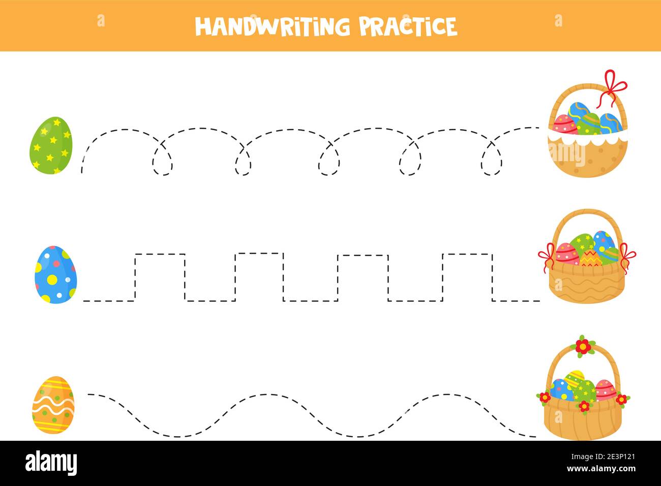 Tracing lines with cartoon Easter eggs and baskets. Handwriting