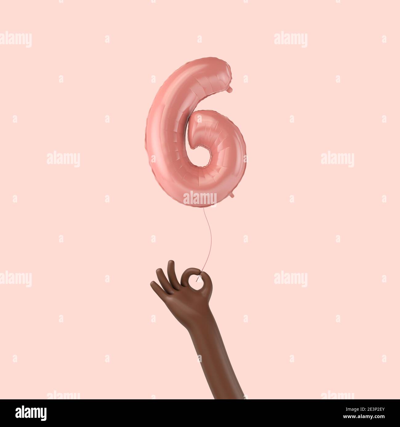 Hand holding a 6th birthday pink foil celebration balloon. 3D Rendering Stock Photo