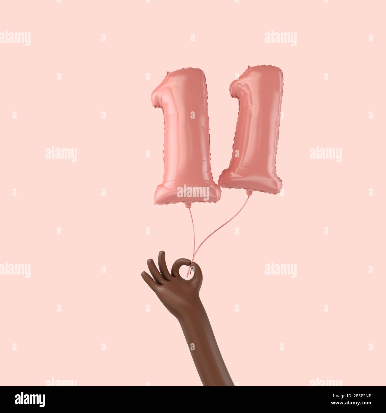 Hand holding a 11th birthday pink foil celebration balloon. 3D Rendering Stock Photo