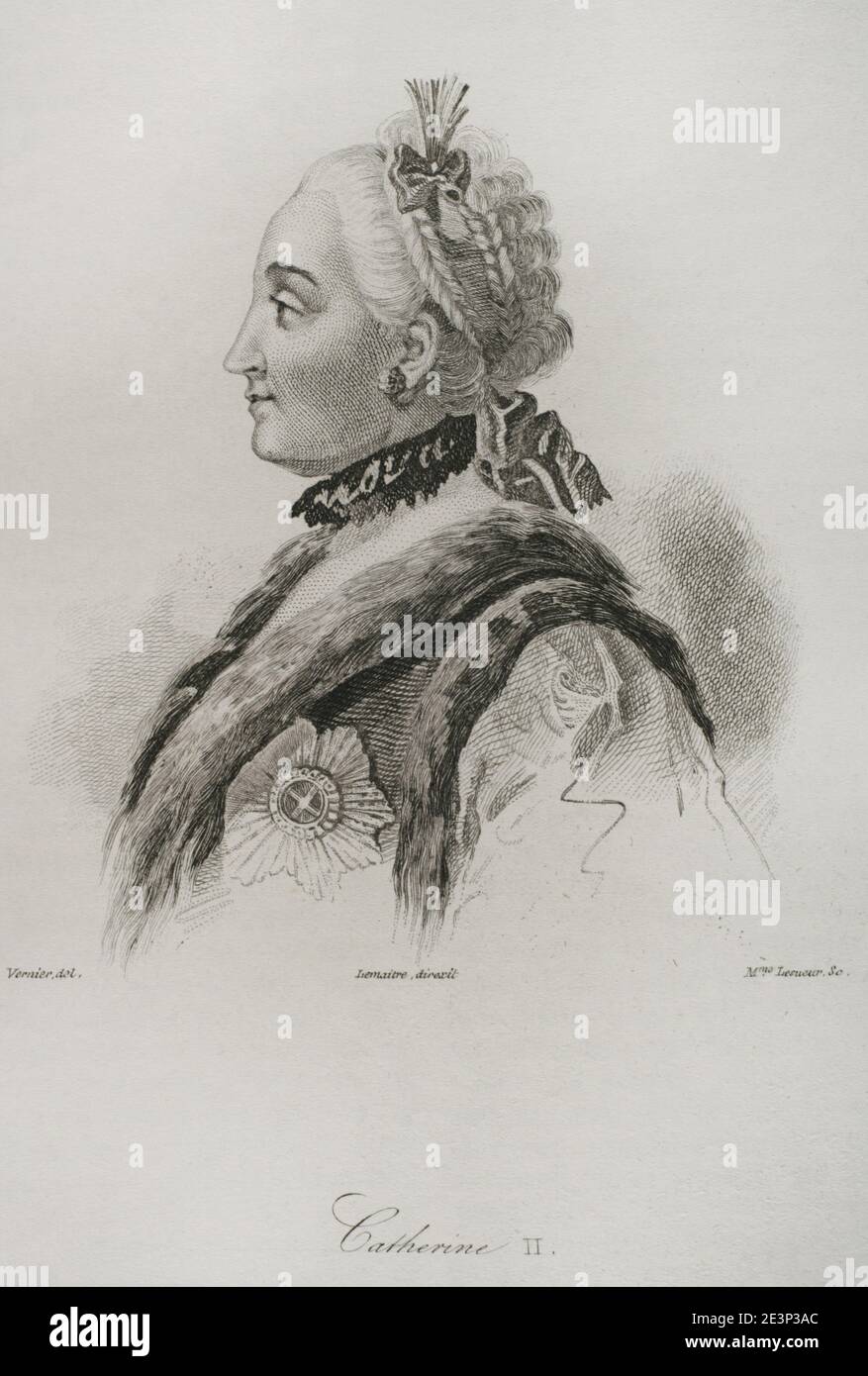Catherine the Great or Catherine II (1729-1796). Empress of Rusia from 1762 to 1796. Portrait. Engraving by Lemaitre, Vernier and Lesueur. History of Russia by Jean Marie Chopin (1796-1870). Panorama Universal, Spanish edition, 1839. Stock Photo