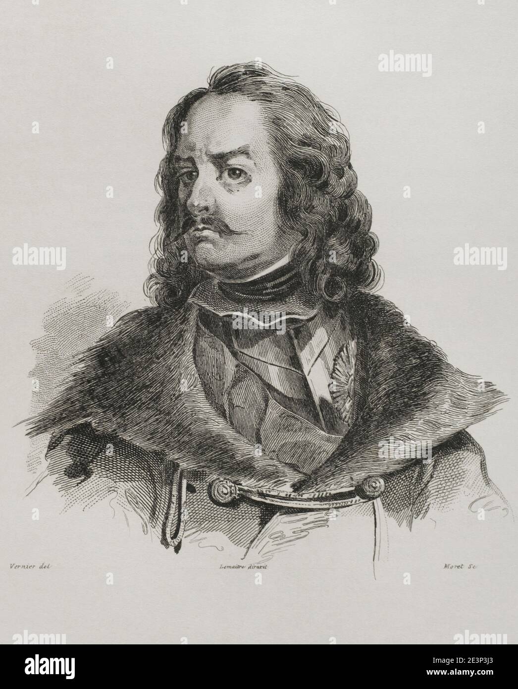 Peter I, byname Peter the Great, Russian in full Pyotr Alekseyevich (1672-1725). Tsar and Emperor of al the Russias. Potrait. Engraving by Lemaitre, Vernier and Moret. History of Russia by Jean Marie Chopin (1796-1870). Panorama Universal, Spanish edition, 1839. Stock Photo