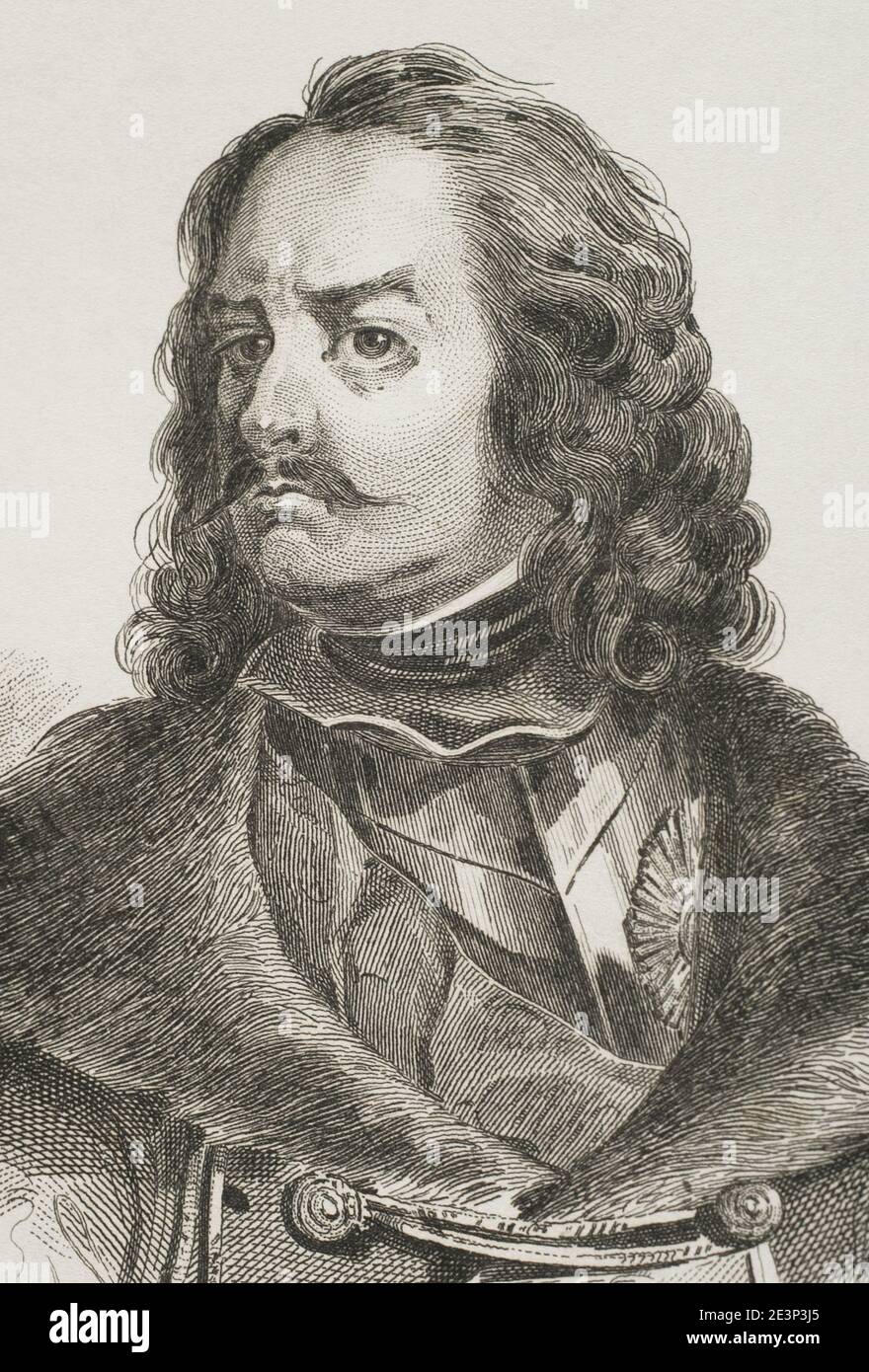 Peter I, byname Peter the Great, Russian in full Pyotr Alekseyevich (1672-1725). Tsar and Emperor of al the Russias. Potrait, detail. Engraving by Lemaitre, Vernier and Moret. History of Russia by Jean Marie Chopin (1796-1870). Panorama Universal, Spanish edition, 1839. Stock Photo