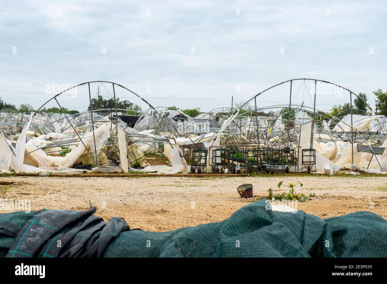 Greenhouses destroyed after the strong wind in Portugal Stock Photo