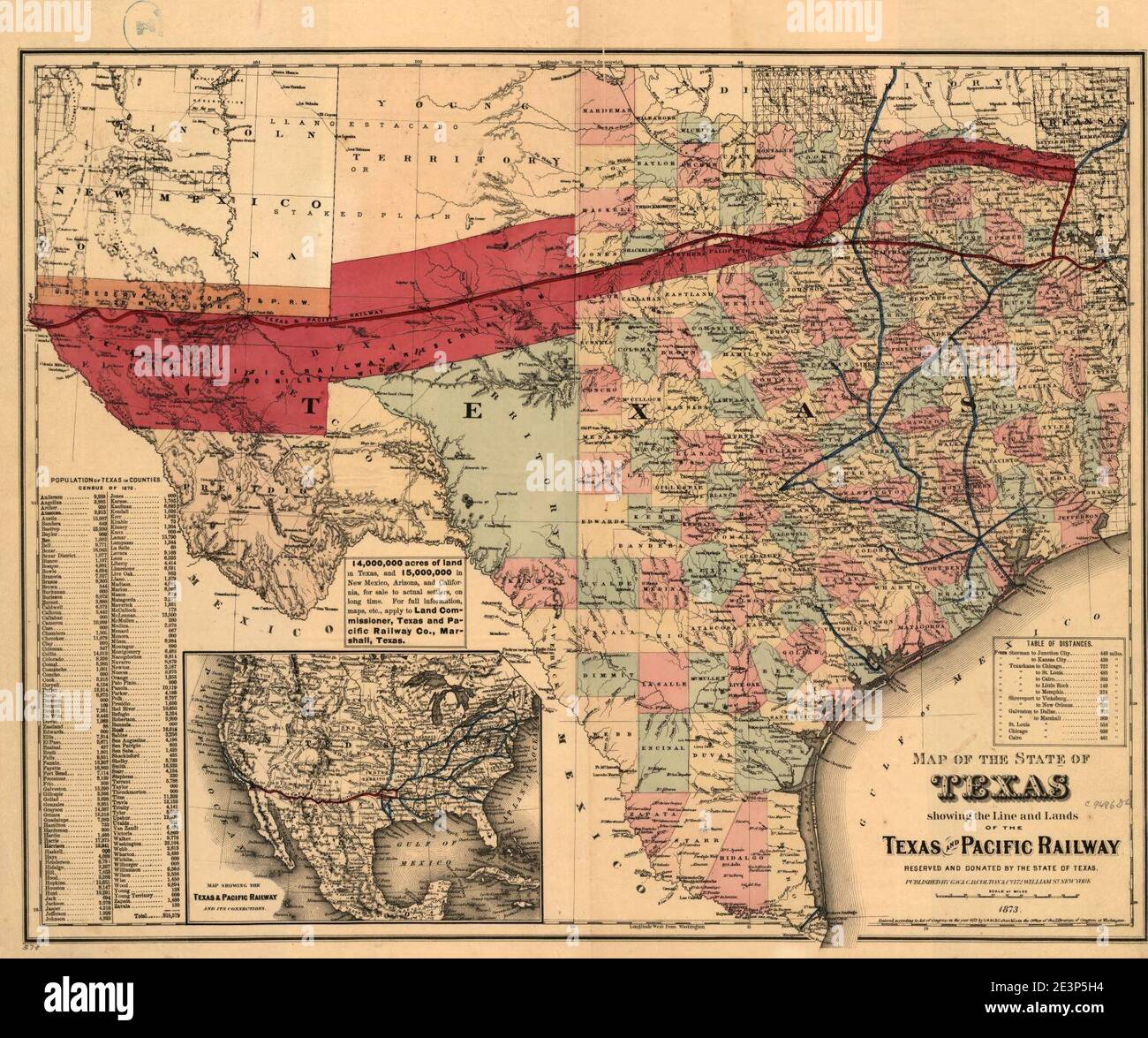 Texas And Pacific Railway Map Map Of The State Of Texas Showing The Line And Lands Of The Texas And Pacific  Railway Reserved And Donated By The State Of Texas, 1873 Stock Photo - Alamy