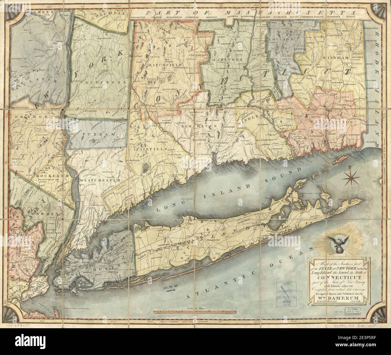 Map of the southern part of the state of New York including Long Island, the Sound, the state of Connecticut, part of the state of New Jersey, and islands adjacent - compiled from actual late surveys Stock Photo