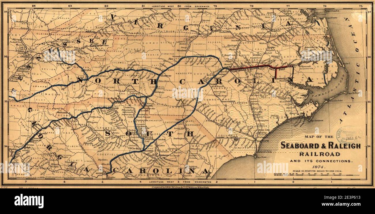 Map of the Seaboard & Raleigh Railroad and its connections. Stock Photo