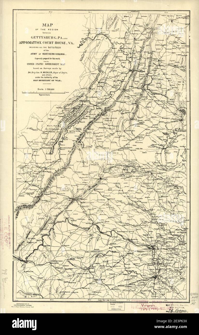 Map of the region between Gettysburg, Pa. and Appomattox court house, Va. - including all the battle-fields (sic) of the Army of Northern Virginia Stock Photo